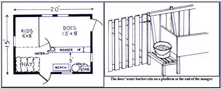 LEFT DIAGRAM: Suggested dimensions for a goat pen. RIGHT DIAGRAM: The does' water bucket can sit on a platform at the end of the manger